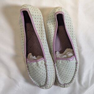 Reef Canvas slip on flats for girls, blue with purple dots